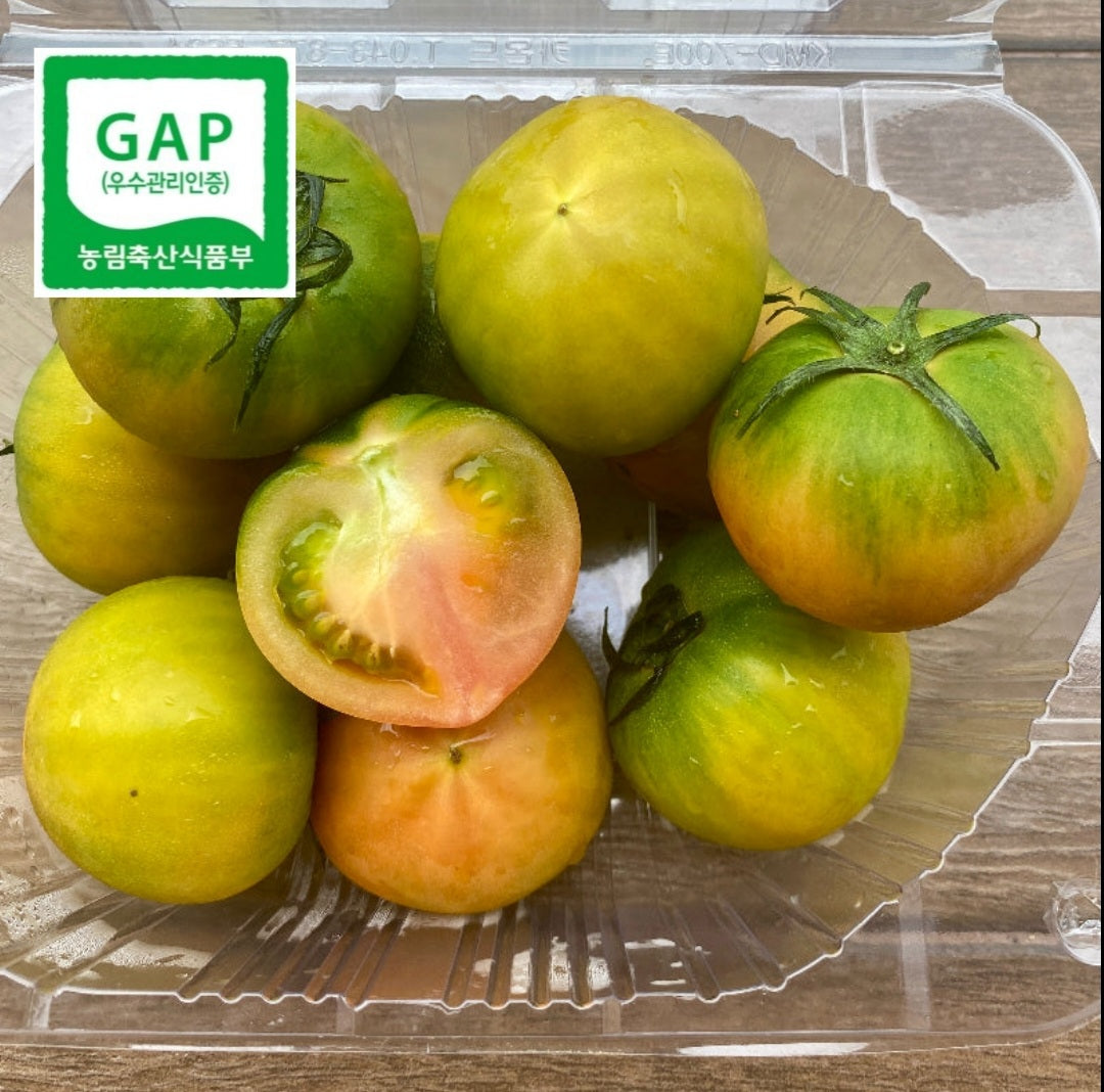 A pack of GAP-certified Daejeo small-size tomatoes, predominantly green with some redness, displayed on a clear plastic container, with a few tomatoes cut in half to show the inside.
