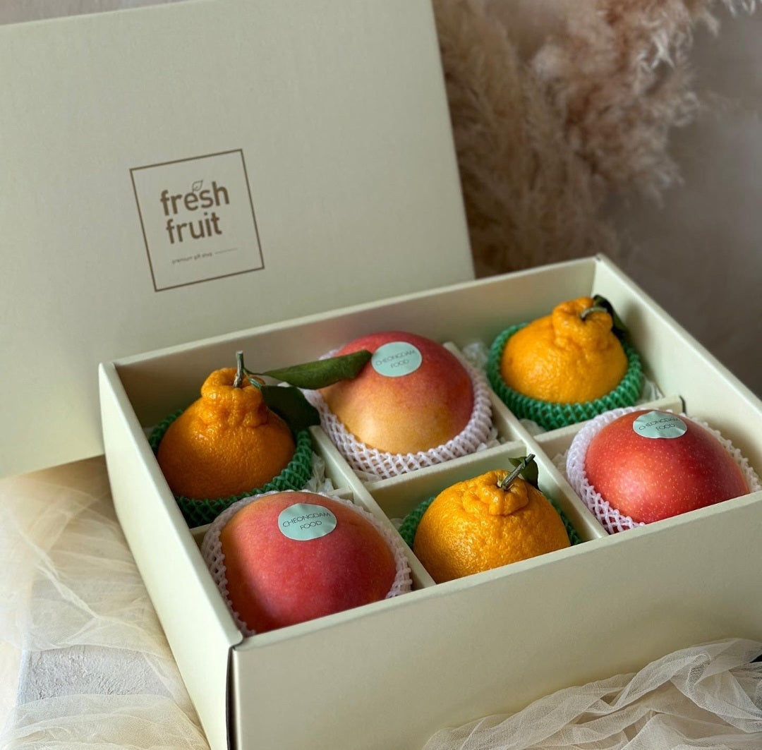Premium Gift box packaging (without fruits) with traditional bojagi wrapping and norigae