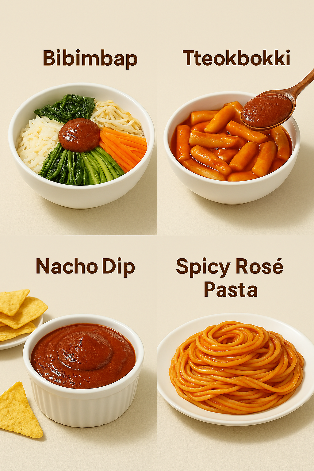 bibimbap, ttekbokki, nacho dip, pasta